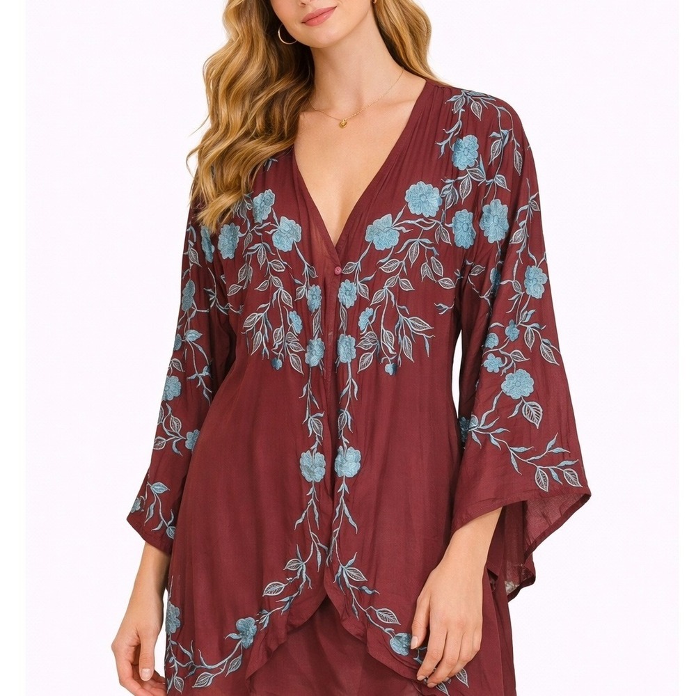 Lakra Boho Floral Embroidered Kimono Cover Up Maroon‎ One Size Festival Layer